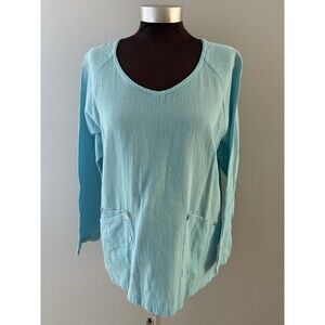 Lulu B Top Womens Large Blue Gauze Textured Pockets Lightweight Coastal Beach
